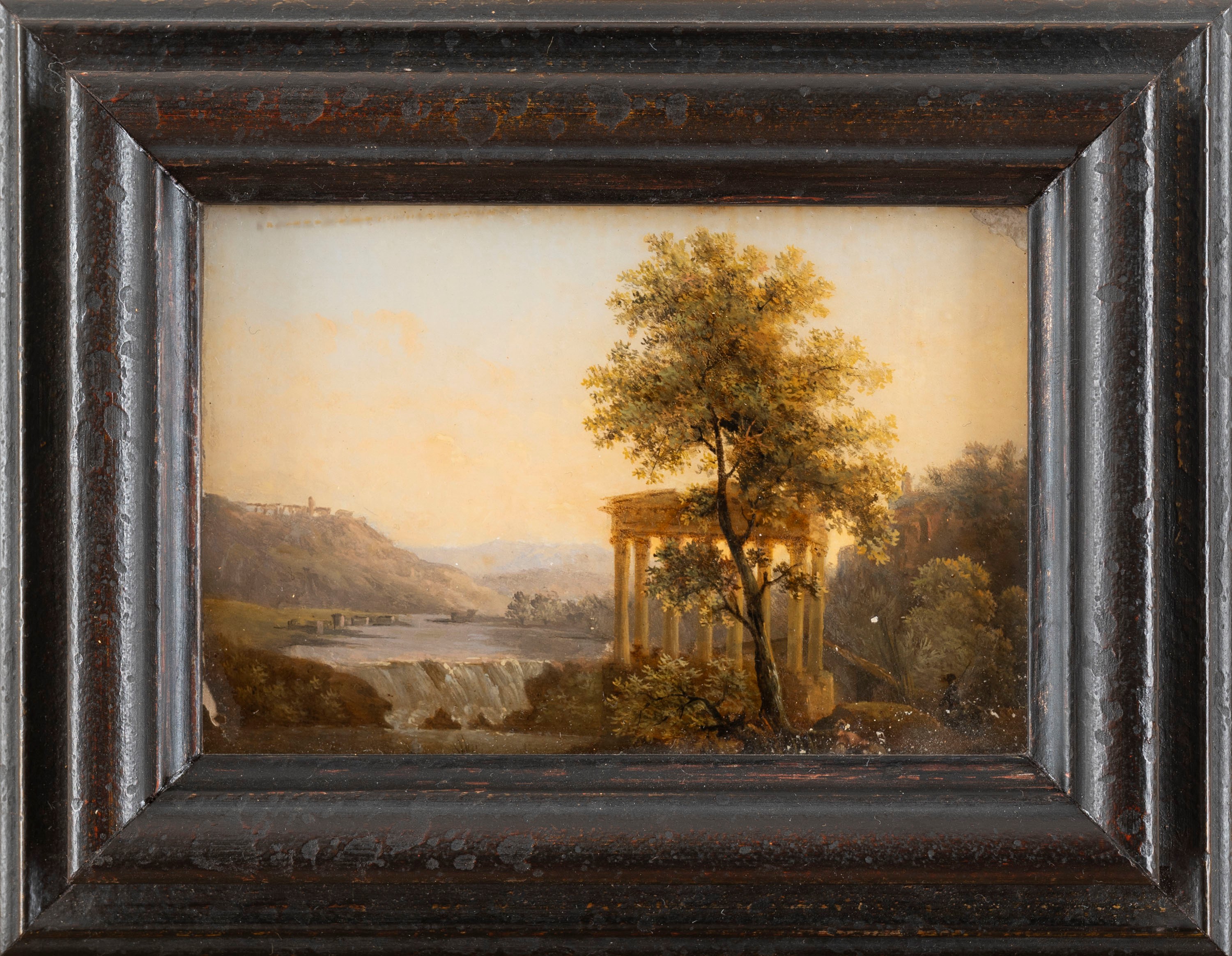 Scuola Italiana, Secolo XIX - Paesaggio arcadico con cascata e tempio classico, dipinto sottovetr...