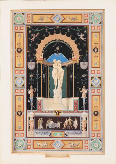Pannello con Amore e Psiche, penna, inchiostro e acquerello su carta