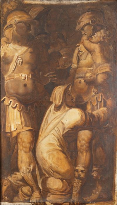 Opera anonima, La famiglia di Dario davanti ad Alessandro Magno, olio su tela en grisaille