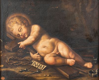 Autore Ignoto, Gesù Bambino dormiente con i simboli della Passione, olio su tela