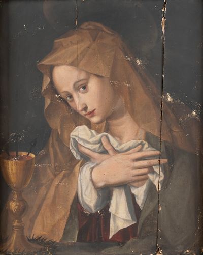 Allori, Madonna in preghiera con il calice del sangue di Cristo, olio su tavola