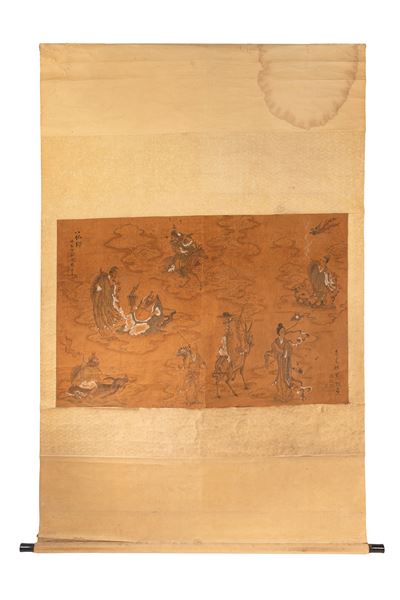 Scroll Dipinto su Seta Raffigurante gli Otto Immortali, Cina Secolo XIX