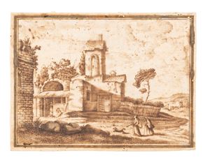 Paesaggio con casolare e figure femminili