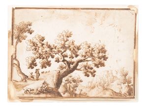 Paesaggio con albero, sperone roccioso e figure a riposo