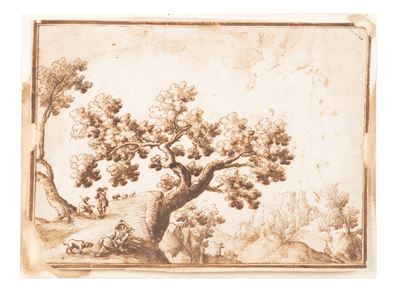 Autore ignoto, Paesaggio con albero, sperone roccioso e figure a riposo, penna e inchiostro bruno...