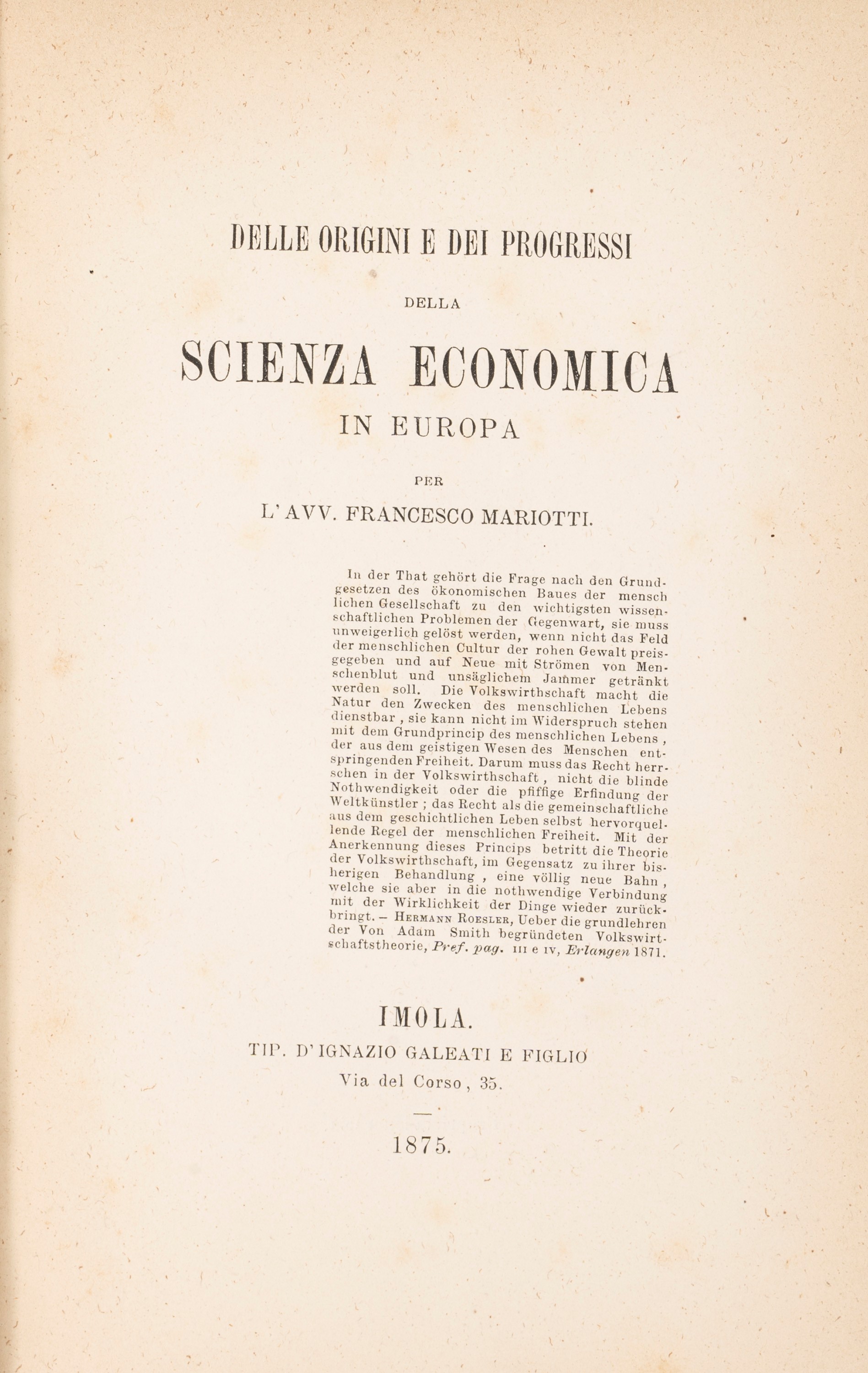 Mariotti, Francesco - Of The Origins And Progress Of Economic Science 