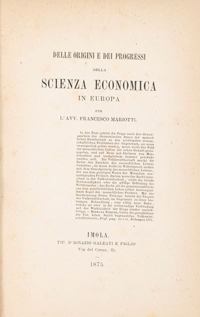 Delle Origini e dei Progressi della Scienza Economica in Europa.
