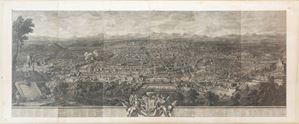 Prospectus d. alma city of Rome seen from Mount Janiculum and under the auspices of the sac. Wicked Majesty. of Charles III, king of Spain. Designed and engraved and dedicated to his Majesty by Giuseppe Vasi, Count Palatine and Knight of the Lateran Hall in the year MDCCLXV