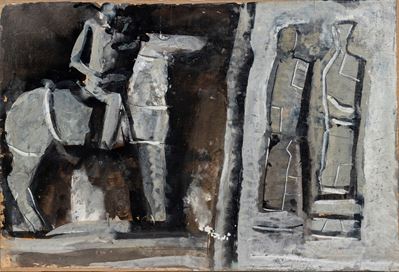 Composizione con cavallo e cavaliere e figure, tempera e matita su carta applicata su tela