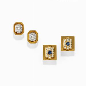 Two pairs of 18K yellow gold, sapphire and diamond earrings