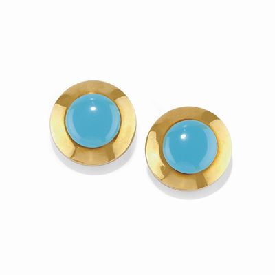 Orecchini in oro giallo 18K con pasta di turchese, realizzati a disco