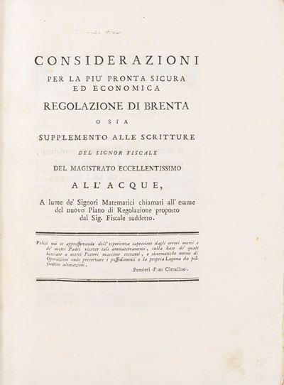 Considerazioni per la Più Pronta Sicura ed Economica Regolazione di Brenta o Sia Supplemento alle...