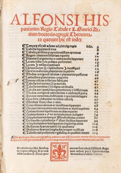 Alfonsi Hispaniarum Regis Tabule & L. Gaurici Artium Doctoris Egregij Theoremata Quorum Hic Est I...