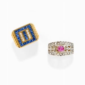 Two 18K two-color gold, diamond, sapphire and ruby rings