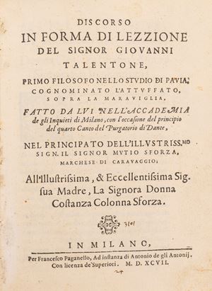 Giovanni Talentoni - Discorso in forma di lezzione del signor Giouanni Talentone, primo filosofo nello Studio di Pauia, cognominato l'Attuffato, sopra la marauiglia,