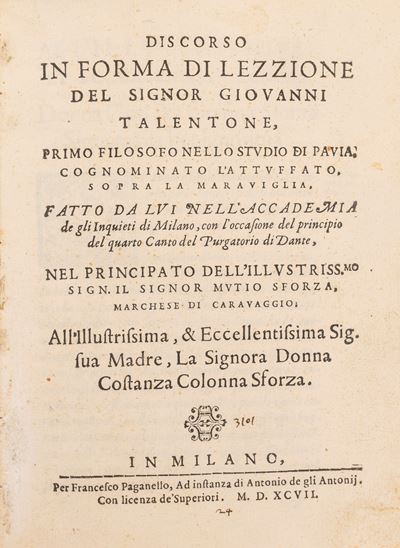 Discorso in Forma di Lezzione del Signor Giouanni Talentone, Primo Filosofo nello Studio di Pauia...
