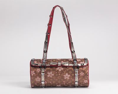 Borsa Papillon Cherry Blossom Monogram, seta color caramello con profili in pelle argentata e str...