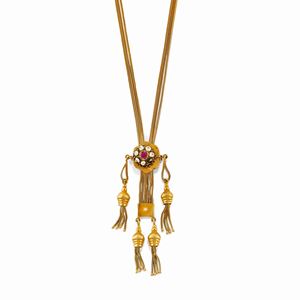 A silver, 12K yellow gold, ruby and micropearl necklace, defects