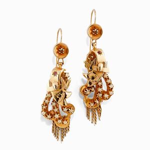A 9K yellow gold, sapphire, ruby and micropearl earrings, defects