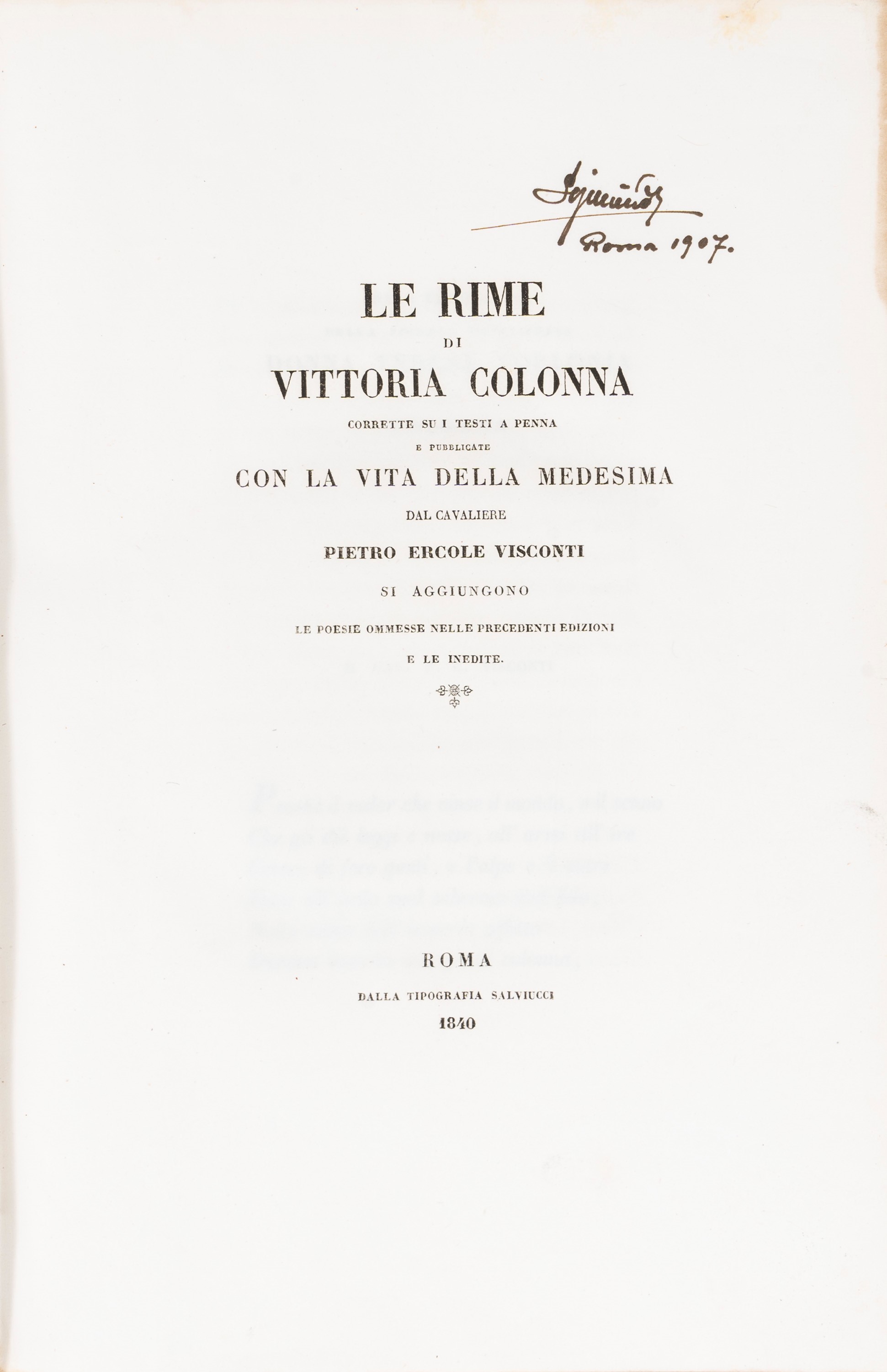 Vittoria Colonna - Le Rime – Edizione del 1840 con legatura originale