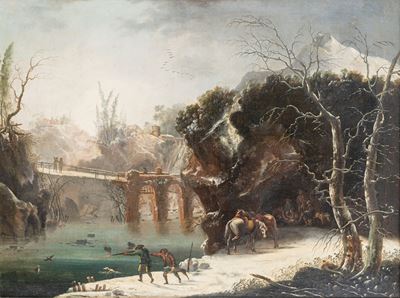 Paesaggio invernale con cacciatori, olio su tela