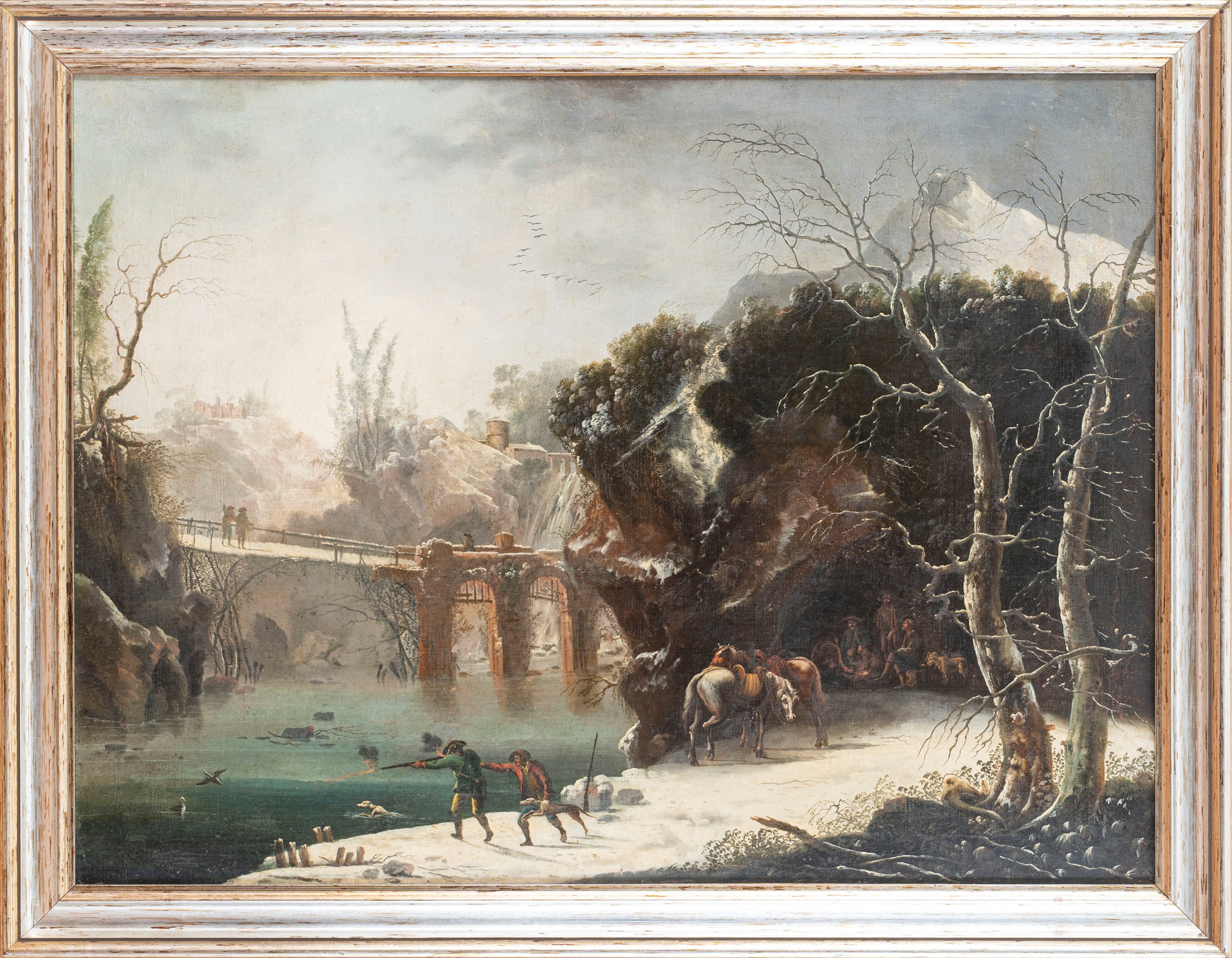Attribuito a Francesco Foschi (ancona 1710 - Roma 1780) - Paesaggio invernale con cacciatori, oli...