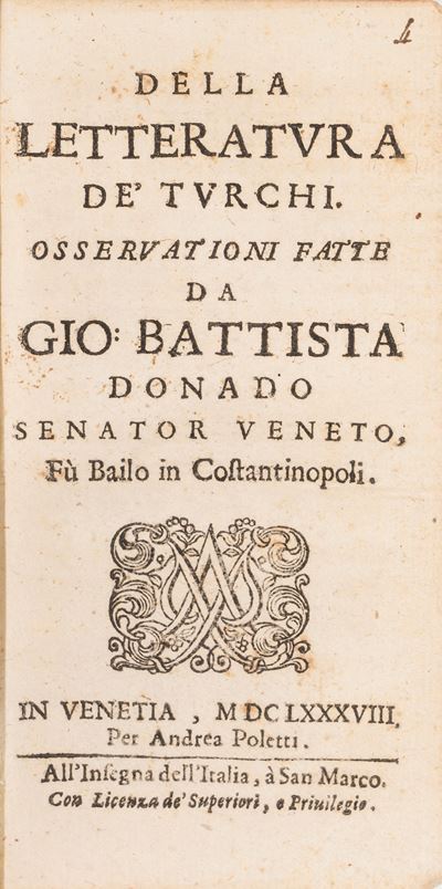 Giovanni Battista Donado, Della Letteratura de' Turchi (Prima edizione, 1688)