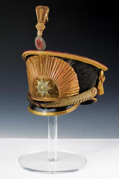 Kiver da cadetto della Scuola di Cavalleria Nikolaev, feltro nero e cuoio, Russia imperiale, 1910...