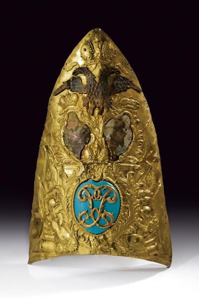 Placca per mitria da ufficiale del Reggimento Dragoni della Guardia, tecnica Schlewig-Holstein, X...
