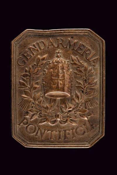 Placca da cinturone porta-sciabola della Gendarmeria Pontificia, bronzo, fine XIX - inizio XX sec...