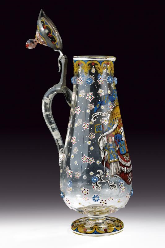 Caraffa patriottica, vetro trasparente con decorazioni in peltro, Francia, primo quarto del XX se...