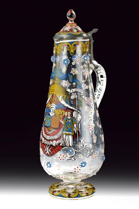 Caraffa patriottica, vetro trasparente con decorazioni in peltro, Francia, primo quarto del XX se...
