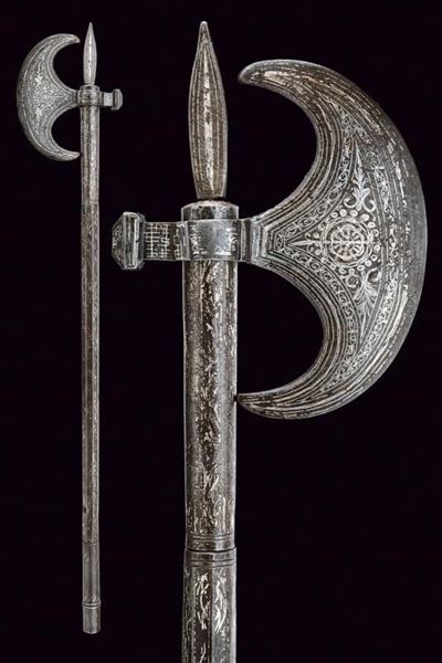 Arma da guerra siriana, scure lunata con decorazioni in argento, fine XVIII secolo