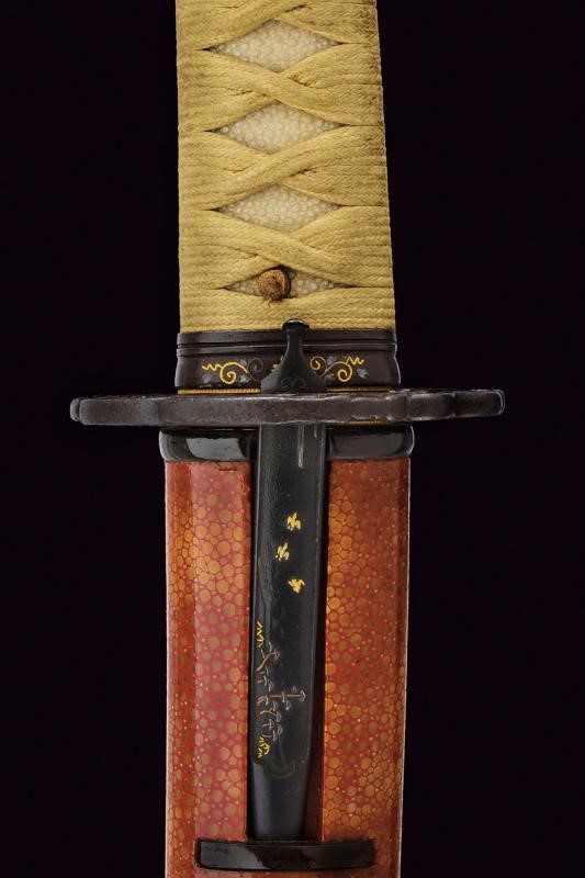 Mutsu no Kami Juji Wara Toshi Naga, Katana firmata con koshirae in ferro e legno laccato