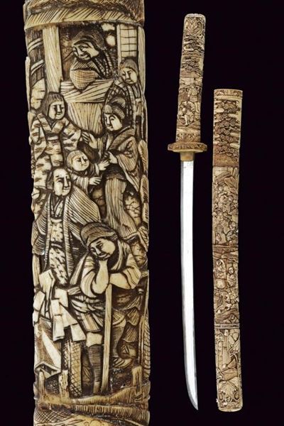 Wakizashi, lama curva con koshirae in osso, Giappone, XIX secolo
