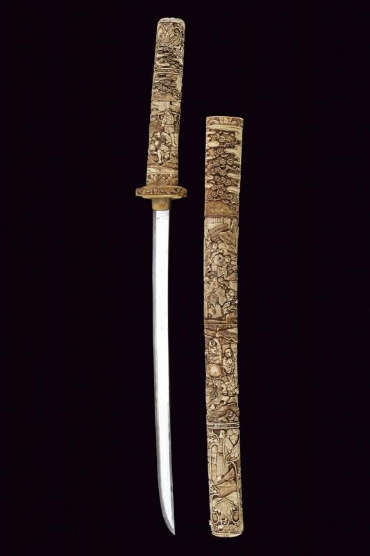 Wakizashi, lama curva con koshirae in osso, Giappone, XIX secolo