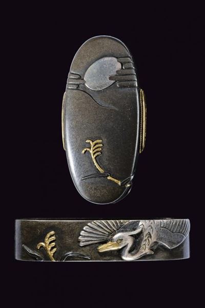 Fuchi-kashira, Giappone, Periodo Edo (1603-1867), shibuichi con dettagli in oro e argento