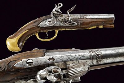 Pistola a pietra focaia da viaggio, Europa, lunghezza 22,5 cm