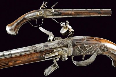 Pistola Wender a pietra focaia, lunghezza 47 cm, Europa
