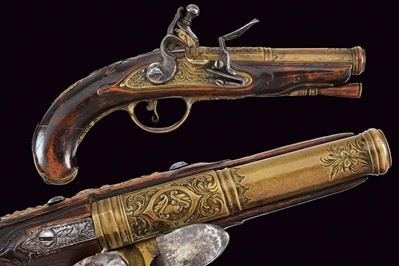 Pistola a pietra focaia da marina, Francia, lunghezza 21 cm