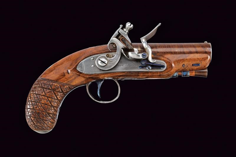M. Dermot, Pistola a pietra focaia da viaggio, Dublino, lunghezza 19 cm