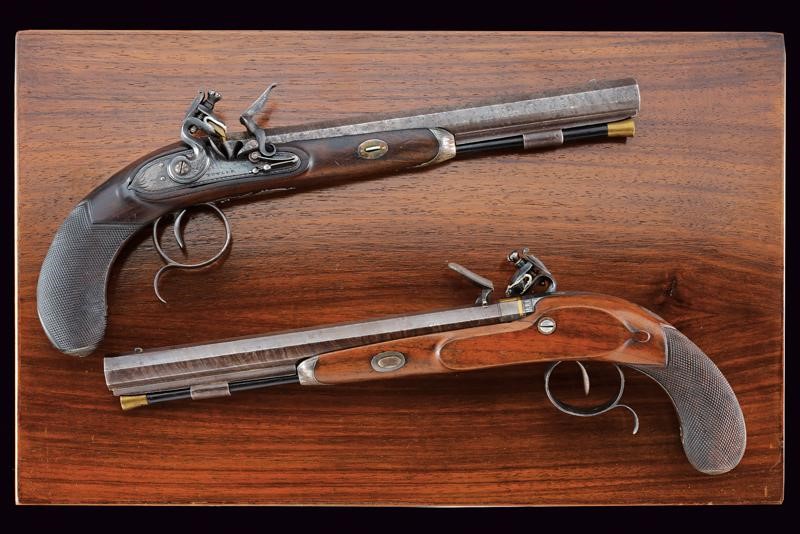 Fowler, Paio di pistole a pietra focaia in cassetta, Dublino, lunghezza 38 cm