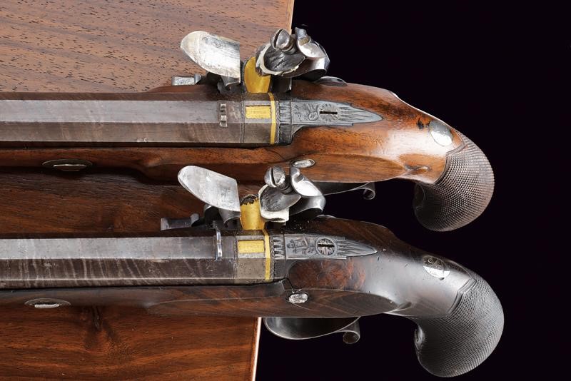 Fowler, Paio di pistole a pietra focaia in cassetta, Dublino, lunghezza 38 cm