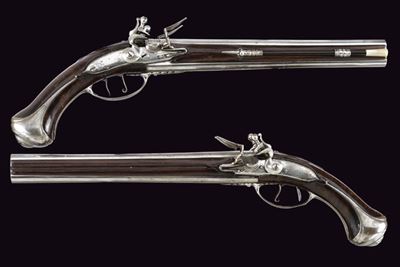 Boiron, Rarissimo paio di pistole a pietra a due canne, Francia, lunghezza 50 cm