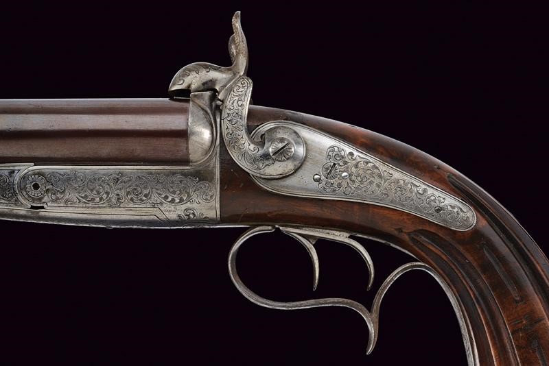 Pistola da caccia a spillo a due canne, Belgio, lunghezza 33 cm
