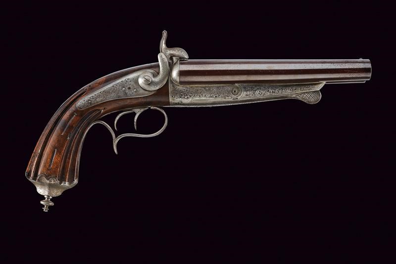 Pistola da caccia a spillo a due canne, Belgio, lunghezza 33 cm