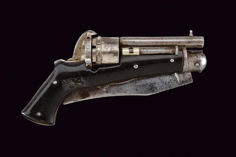 Revolver a spillo con coltello pieghevole, Francia, lunghezza 23.2 cm.