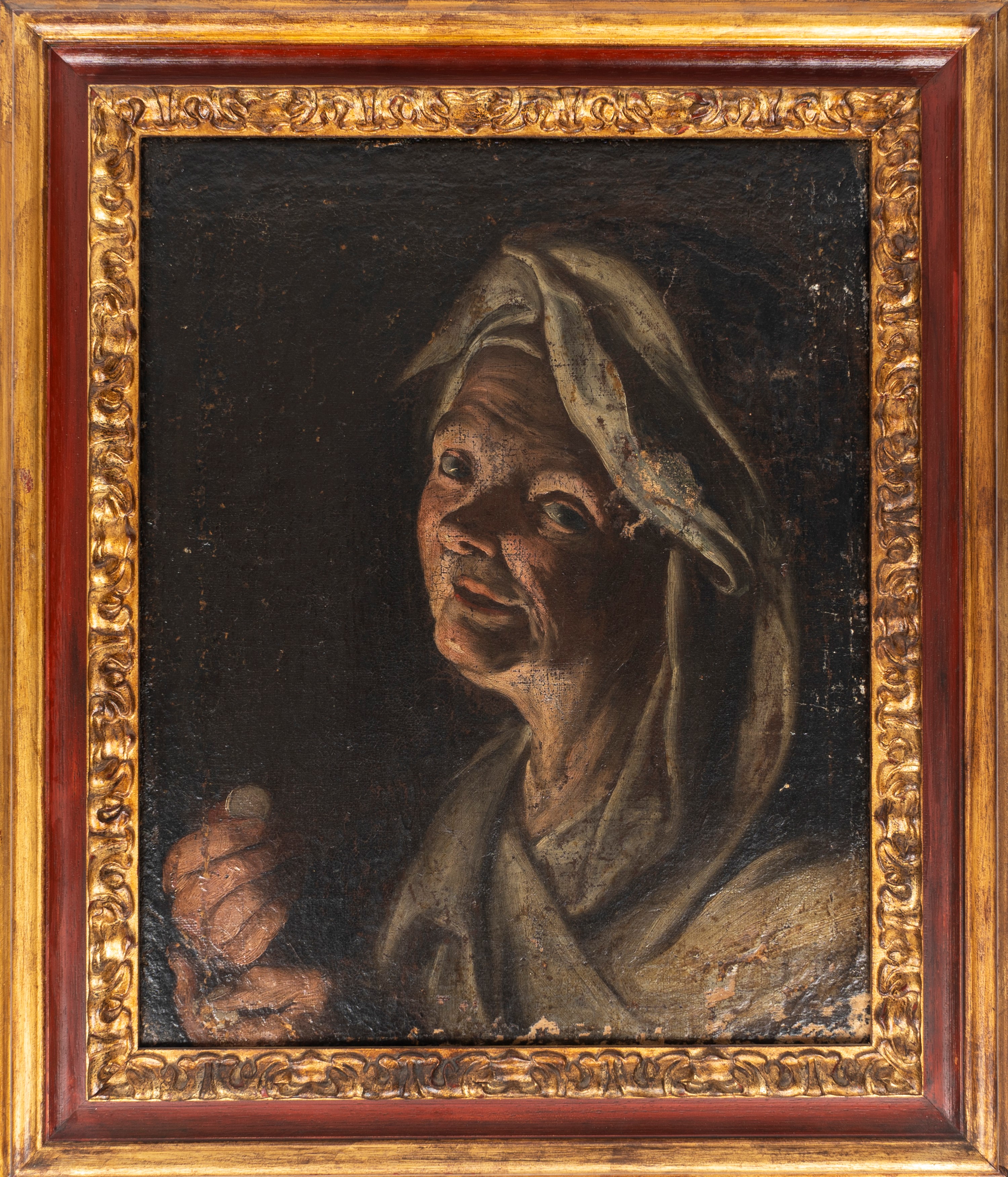 Pittore Caravaggesco Olandese, Secolo XVII - Ritratto di Vecchia con Monete