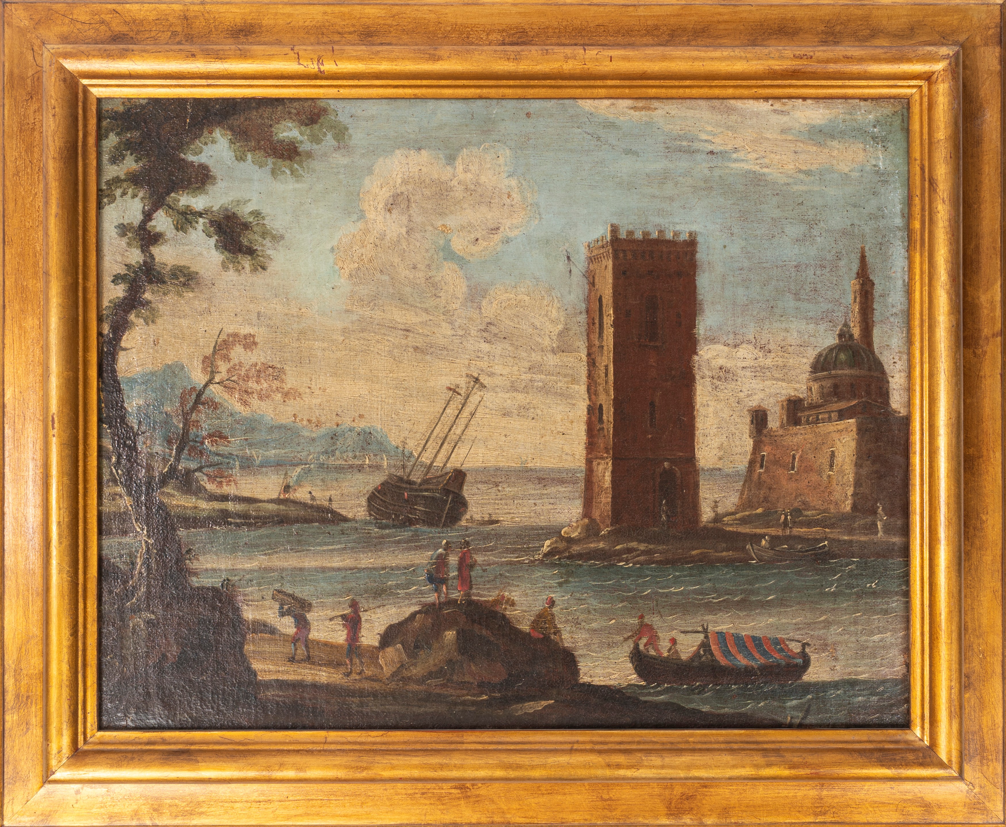 Scuola Italiana, Secolo XVIII - Marina con Torre e Pescatori