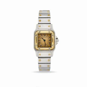 A stainless steel and yellow gold lady's wristwatch, Cartier Santos